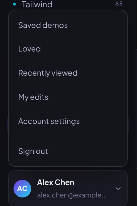 The account menu opened from the avatar, listing Saved demos, Loved, Recently viewed, My edits, Account settings and Sign out.