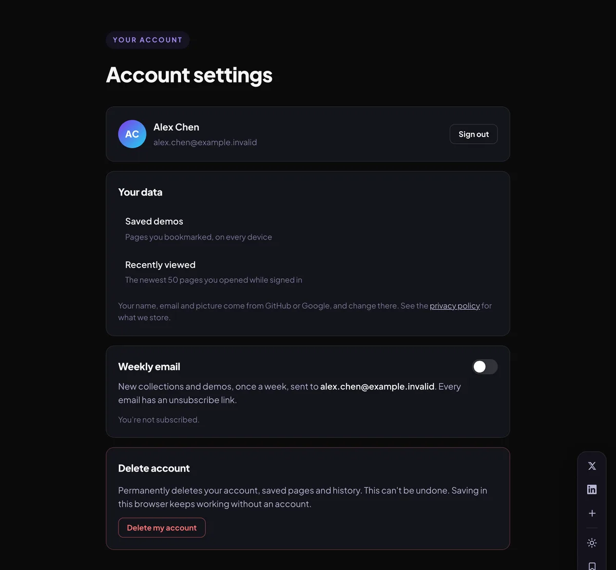 The Account settings page with the profile, Your data, the Weekly email switch and Delete account.