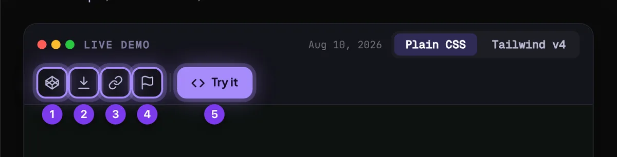 The toolbar above a live demo with five numbered buttons: CodePen, Download, Copy link, Report and Try it.