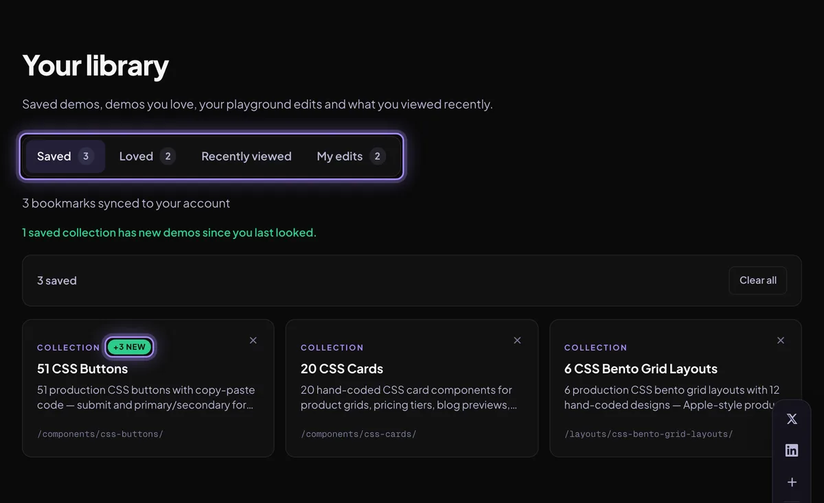 Your library with the Saved, Loved, Recently viewed and My edits tabs, and a saved collection showing a green "+3 new" badge.