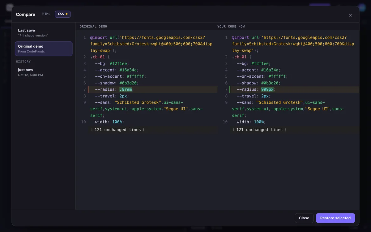The Compare window: the original demo on the left and the current code on the right, with one changed line highlighted.