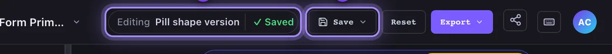 The top bar showing "Editing Pill shape version" with a green "Saved" tick, marked 1, next to the Save menu, marked 2.