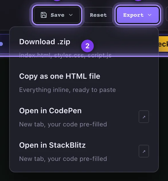 The open Export menu listing Download .zip, Copy as one HTML file, Open in CodePen and Open in StackBlitz.