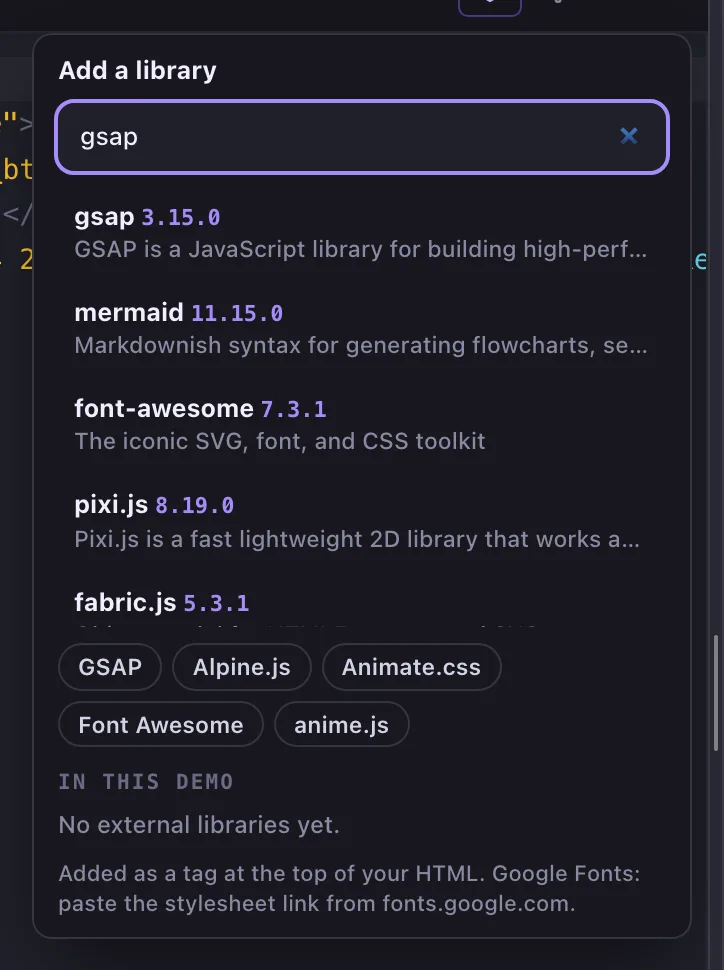 The Add a library panel with "gsap" typed in the search box and matching libraries listed below.