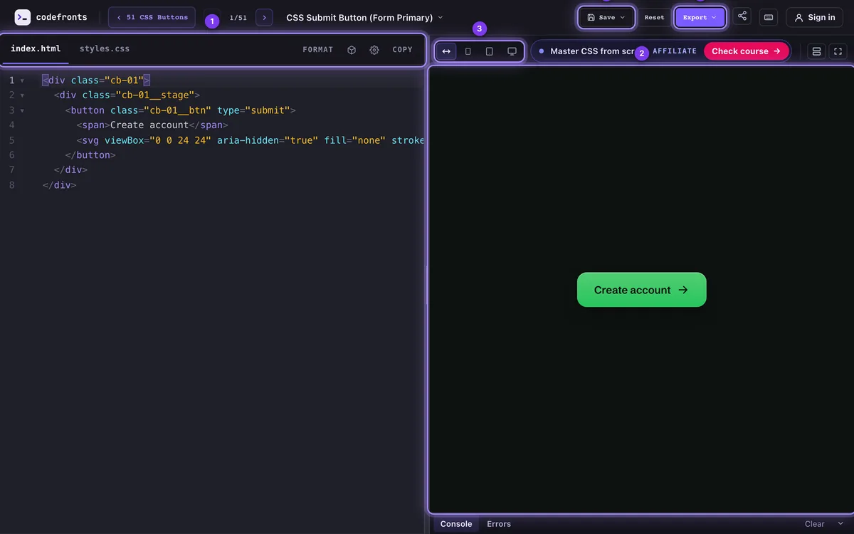 The playground: file tabs marked 1, the live preview marked 2, the device size buttons marked 3, the Save menu marked 4 and the Export menu marked 5.