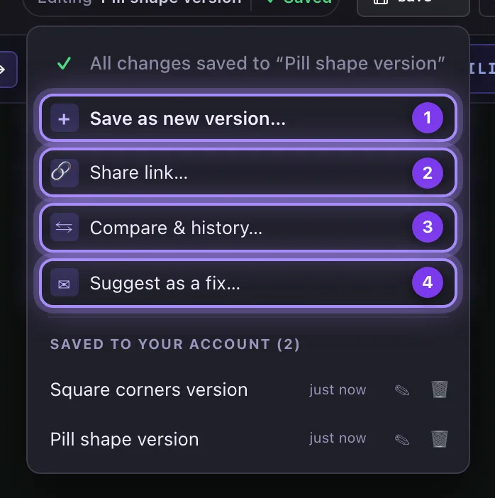The Save menu with Save as new version, Share link, Compare & history and Suggest as a fix, numbered 1 to 4, and two saved versions listed below.