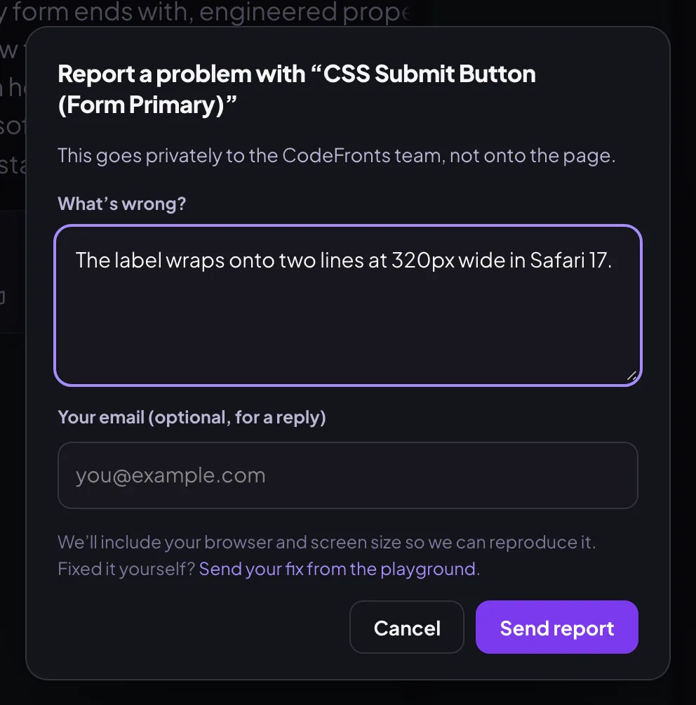 The Report a problem dialog with a description typed in and an optional email field.