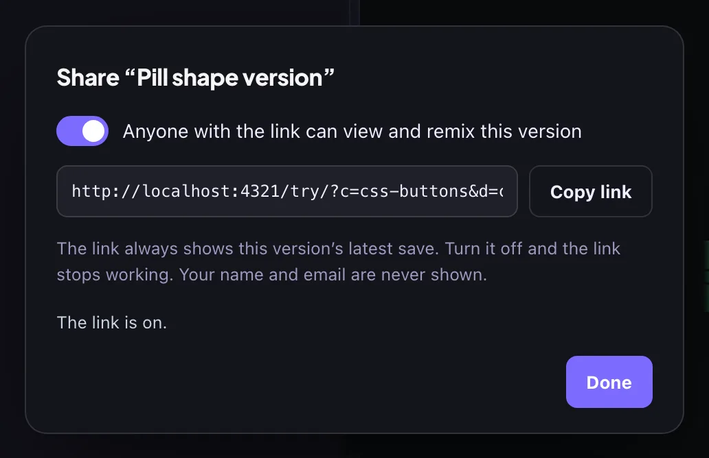 The Share dialog with the switch on, the link and a Copy link button.