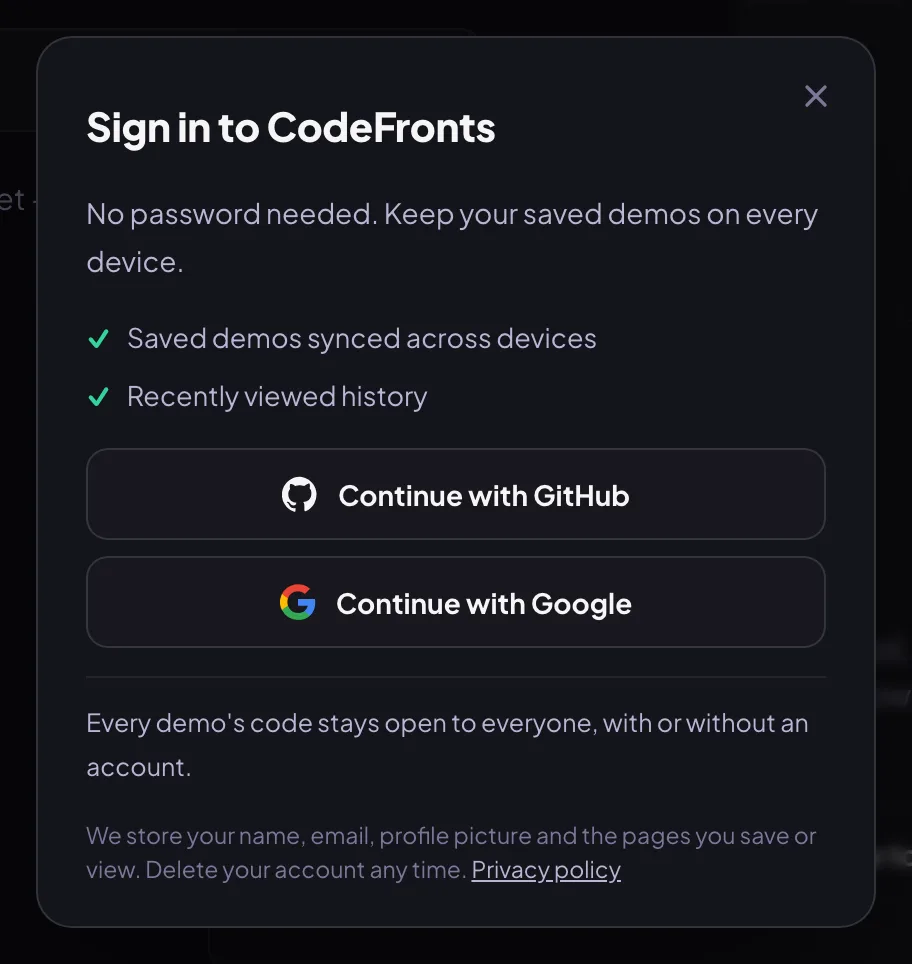 The sign-in dialog with Continue with GitHub and Continue with Google buttons.