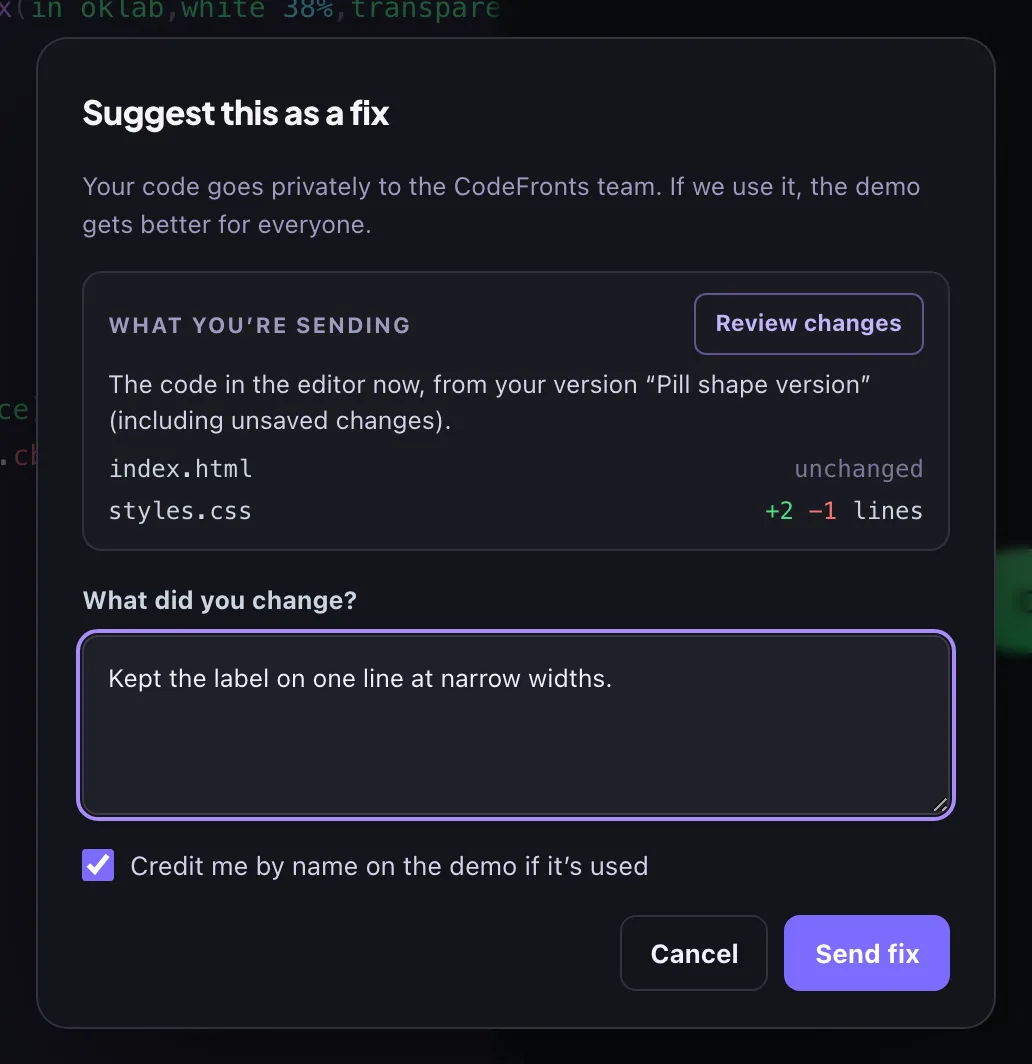 The Suggest this as a fix dialog showing which files changed, a note and the Credit me checkbox.