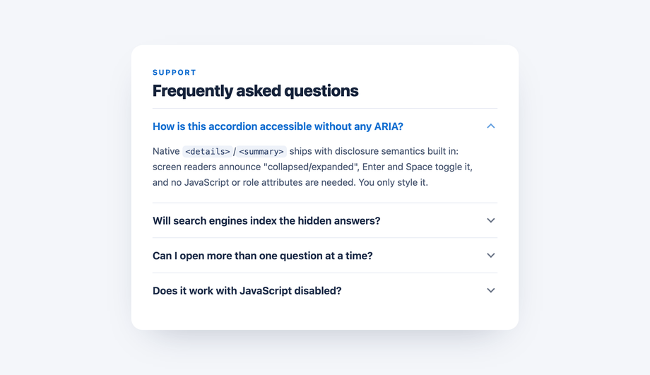 Pure CSS FAQ Accordion with <details> and <summary> (No JavaScript) — preview