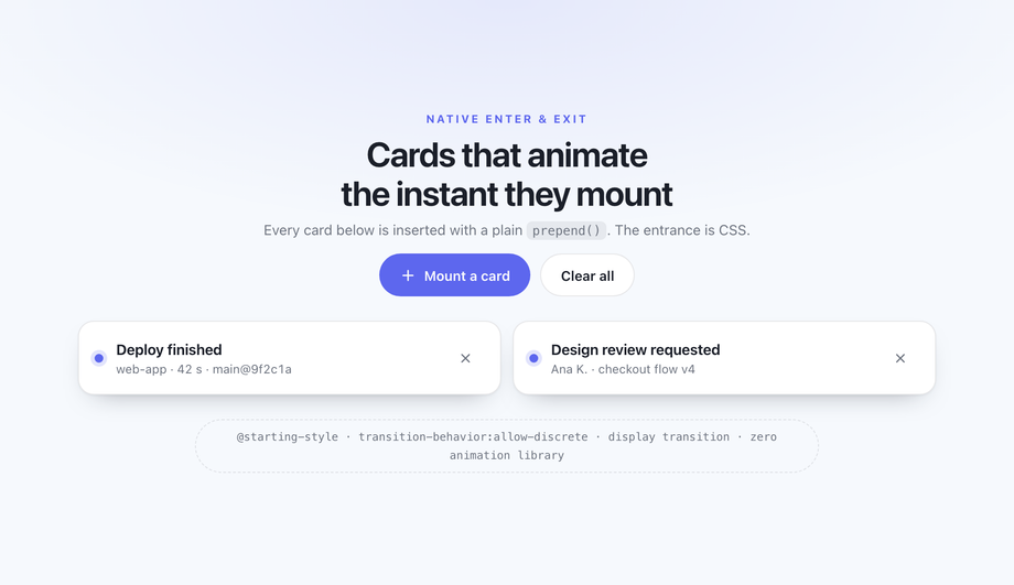 @starting-style CSS Mount-In Animation — preview