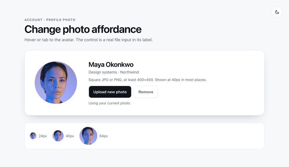 CSS Avatar Upload with Hover Overlay — preview