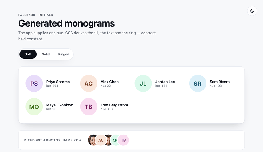 CSS Initials Avatar with Generated Background — preview
