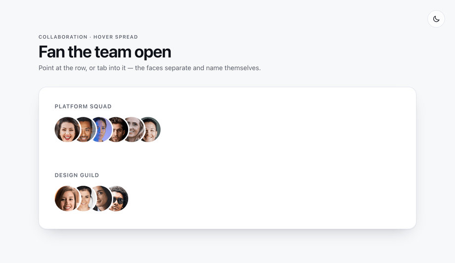 CSS Team Avatar Row with Hover Spread — preview