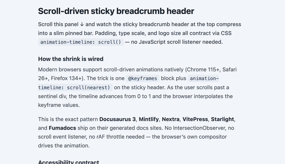 Sticky Top CSS Navigation Header with Shrinking Breadcrumb Trail — preview
