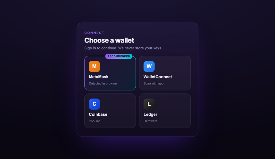 CSS Wallet Connect Button Grid for Web3 Sign-In (MetaMask, WalletConnect, Coinbase) — preview
