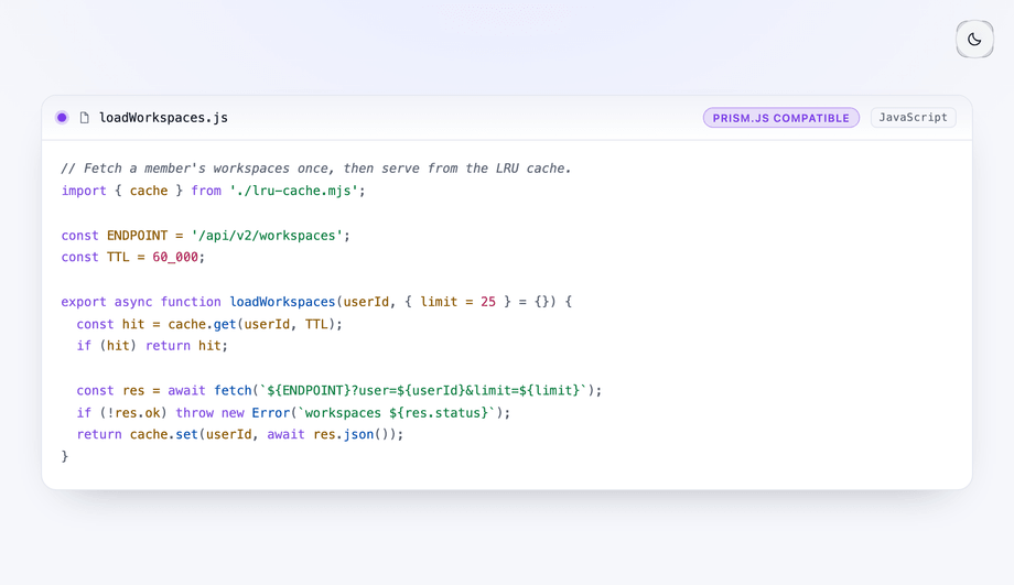 Code Block with Syntax Highlighting (Prism-Style Token Colors) — preview