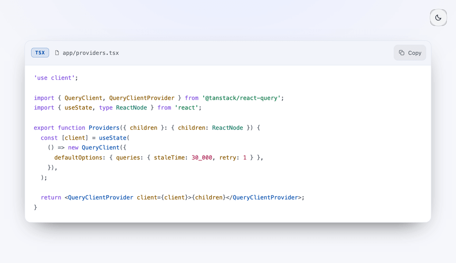 Documentation Code Block with Language Badge and Copy Button — preview
