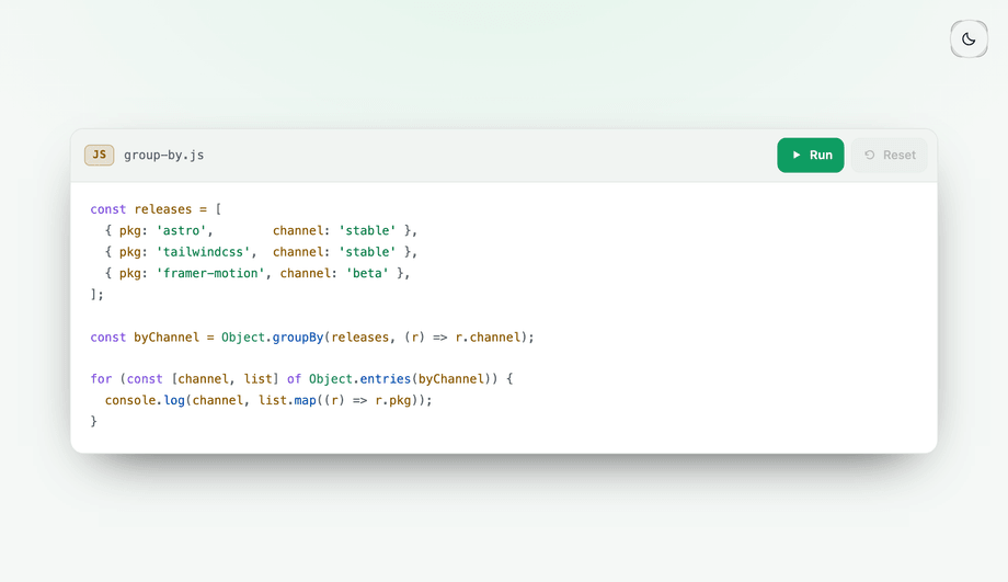 Interactive Runnable Code Block with Run and Reset Buttons — preview