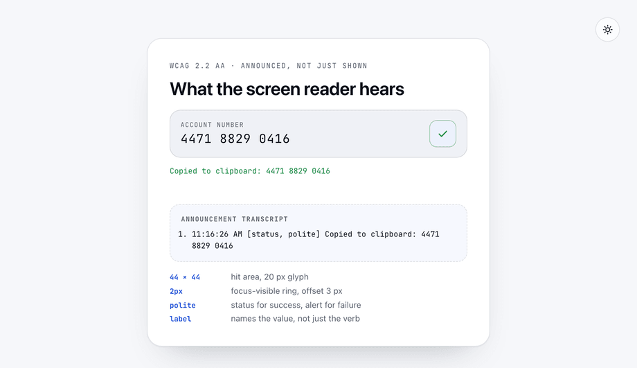 CSS Accessible Copy Button with ARIA Live Region — preview