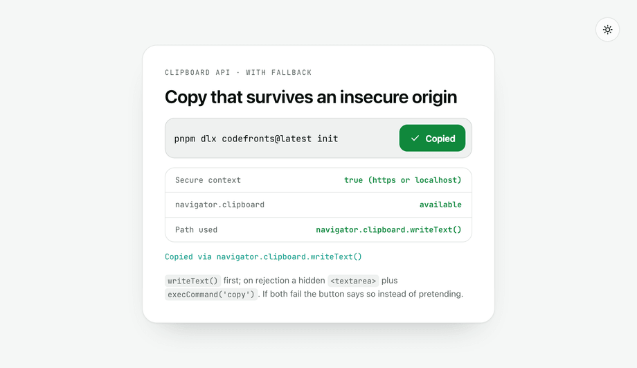 CSS Clipboard API Copy Button with Fallback — preview