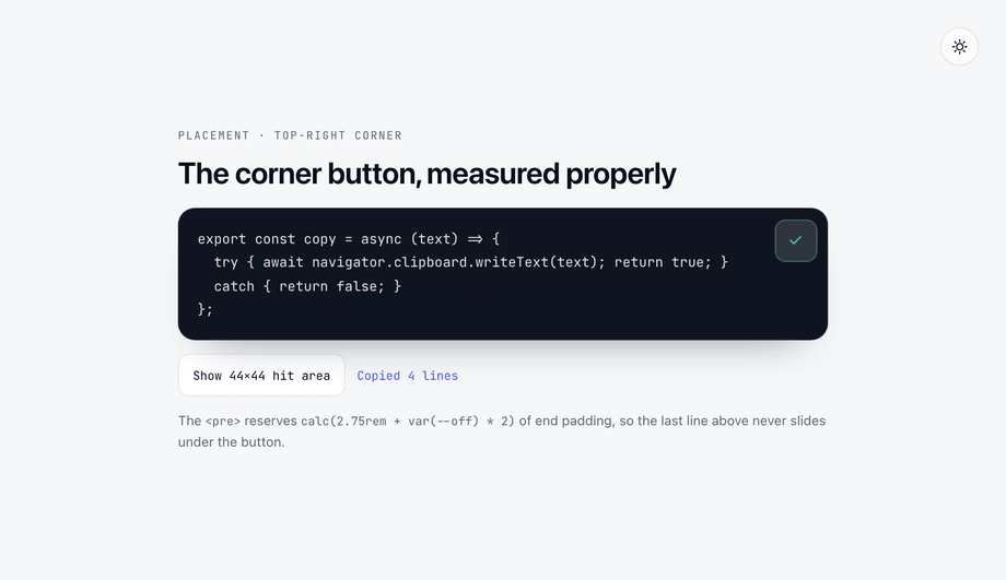 CSS Code Block Copy Button Top Right Corner — preview