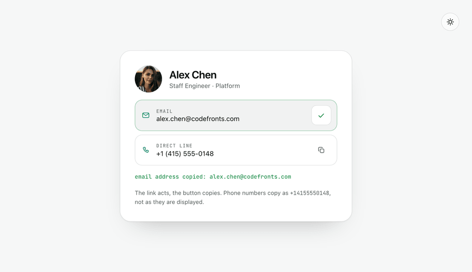 CSS Contact Card Email & Phone Number Copy Button — preview