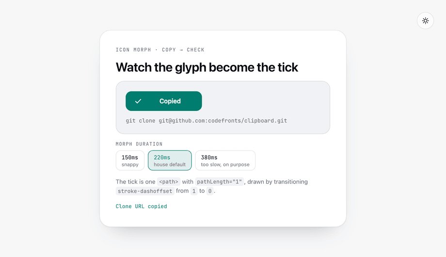 CSS Copy Button Icon Morphing Animation (Copy to Checkmark) — preview
