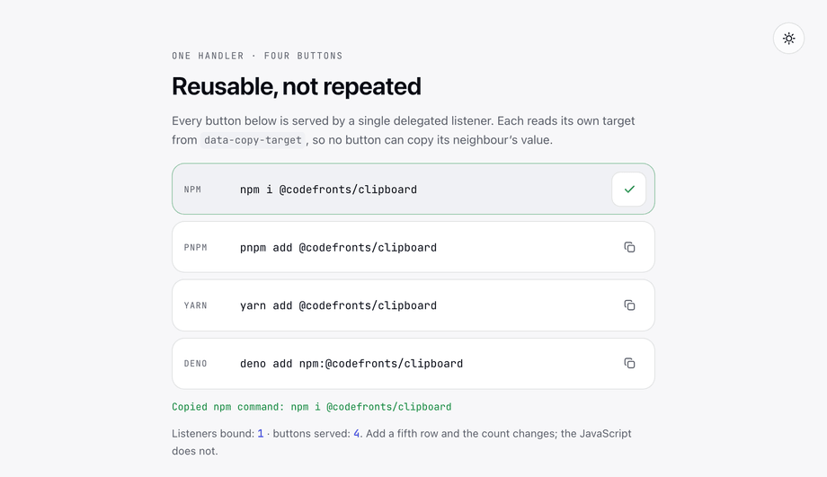 CSS Copy Button Reusable Class for Multiple Code Blocks — preview
