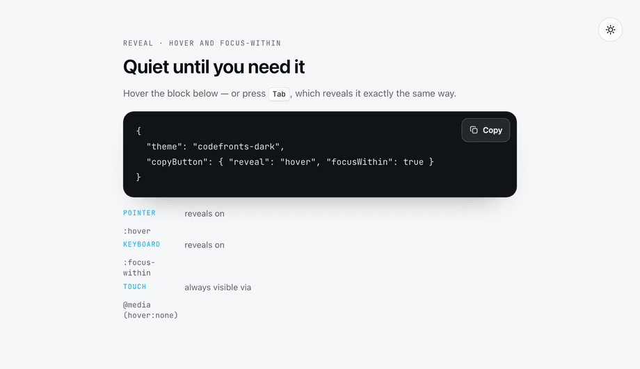 CSS Copy Button Reveal on Hover Pattern — preview