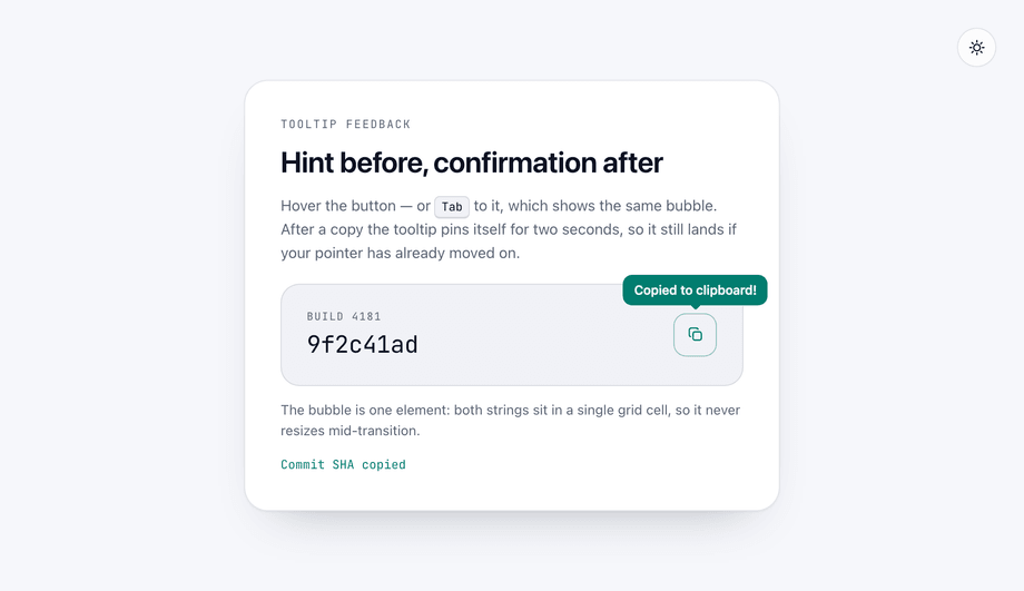 CSS Copy Button with Tooltip Feedback — preview