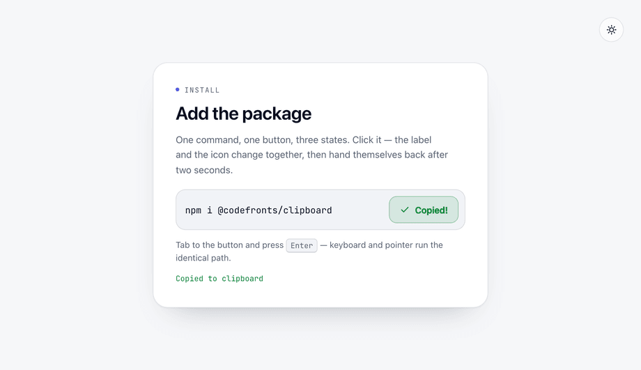 CSS Copy to Clipboard Button with Success Checkmark State — preview