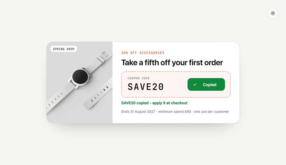 CSS E-commerce Coupon Code Card with Copy Button — preview