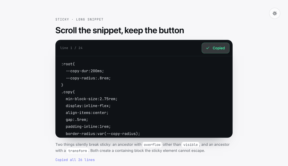 CSS Floating Sticky Copy Button for Long Code Snippets — preview