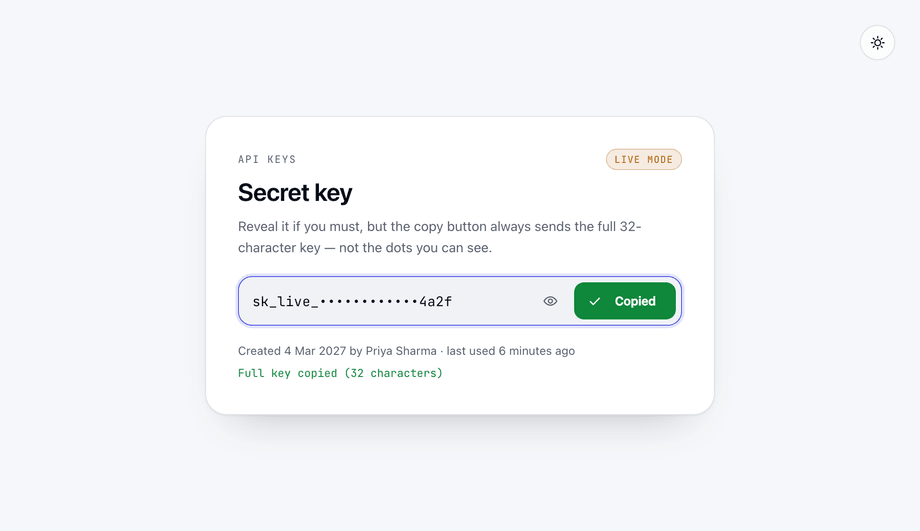 CSS Masked API Key Input Field with Copy Button — preview