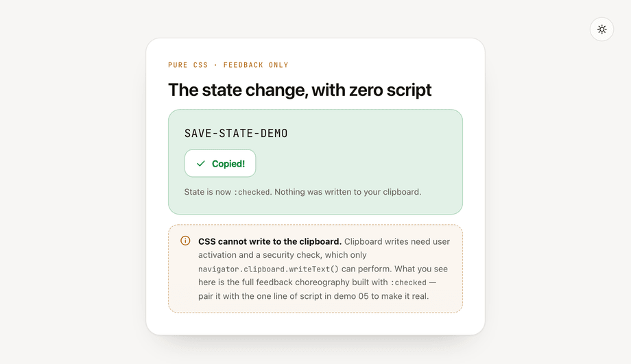 CSS Pure Copy Button Visual Effect with HTML5 Checkbox Hack — preview