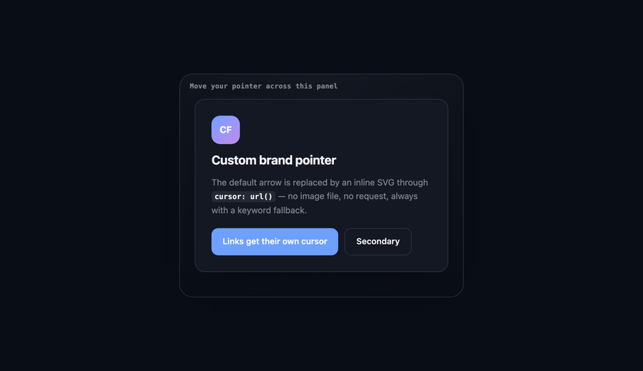 Custom SVG Brand Pointer with the CSS cursor url() Property and a Keyword Fallback — preview