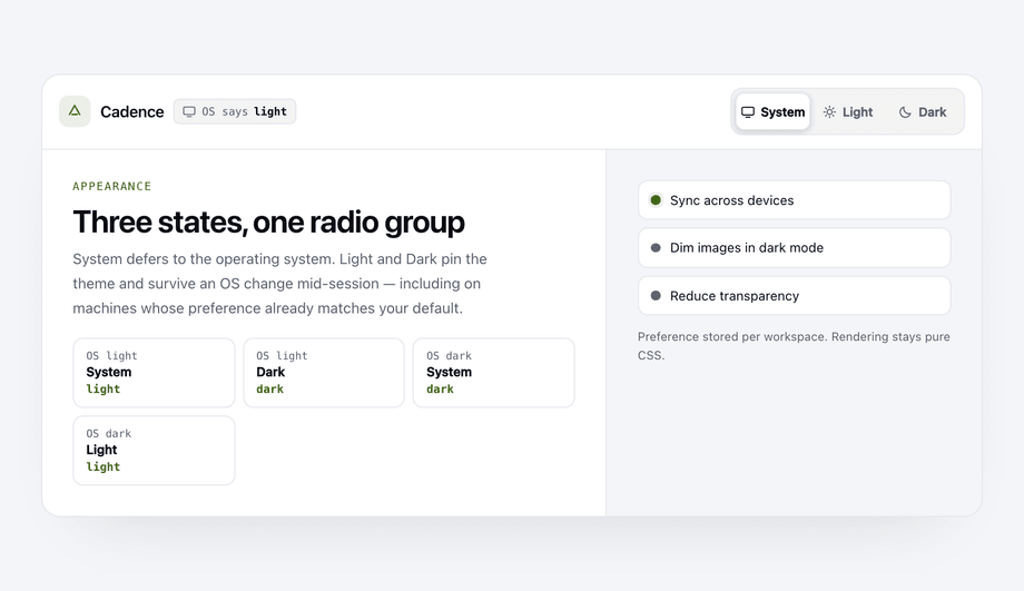 Three State Theme Switcher (System / Light / Dark) — preview