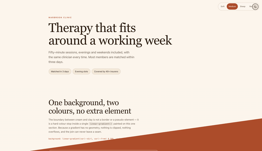 CSS Diagonal Section Divider Between Two Colors — preview