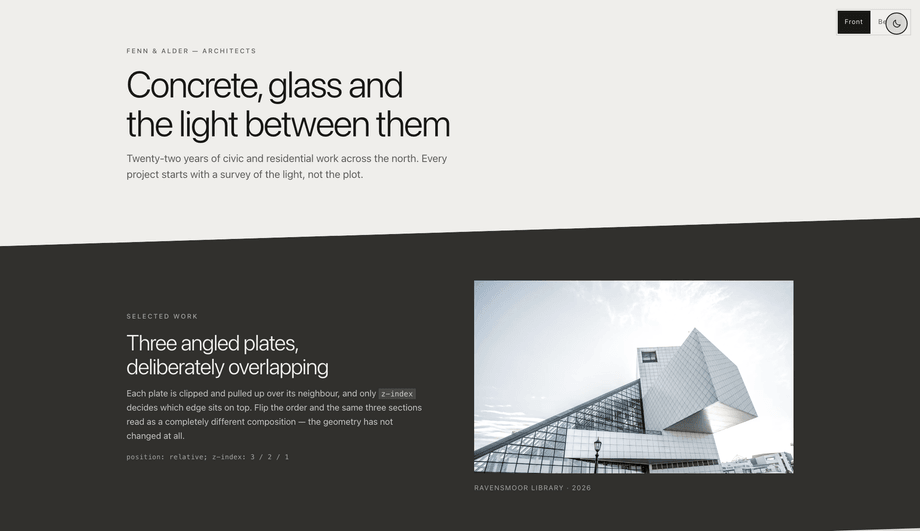 CSS Diagonal Section Overlap & Z-Index Stack — preview