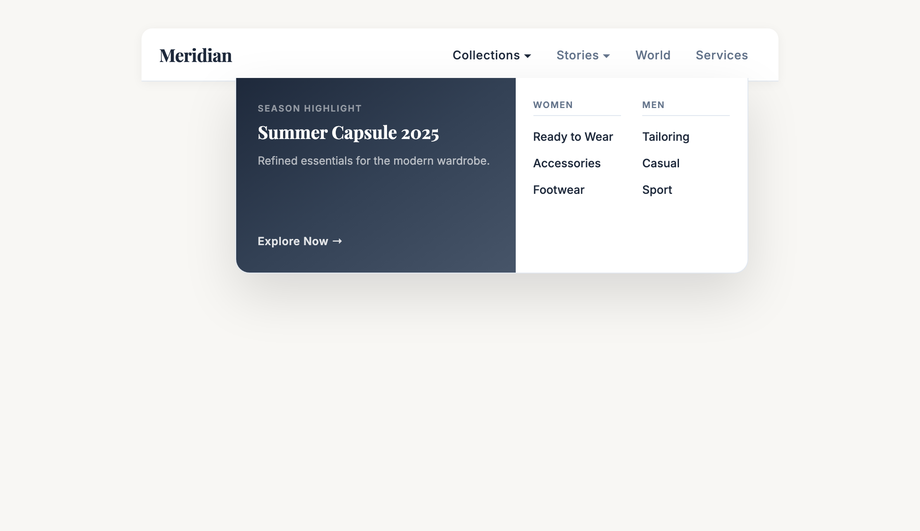 Split-Screen Mega Menu Dropdown — preview