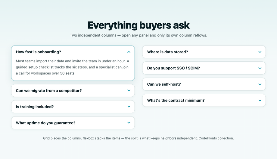 2-Column Grid FAQ Accordion Flexbox — preview