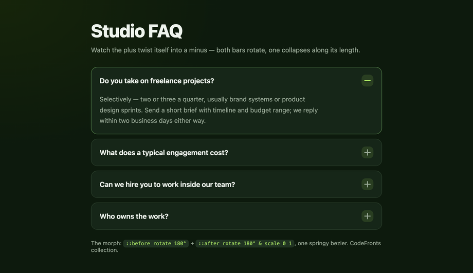 Animated + to − Icon Morph FAQ — preview
