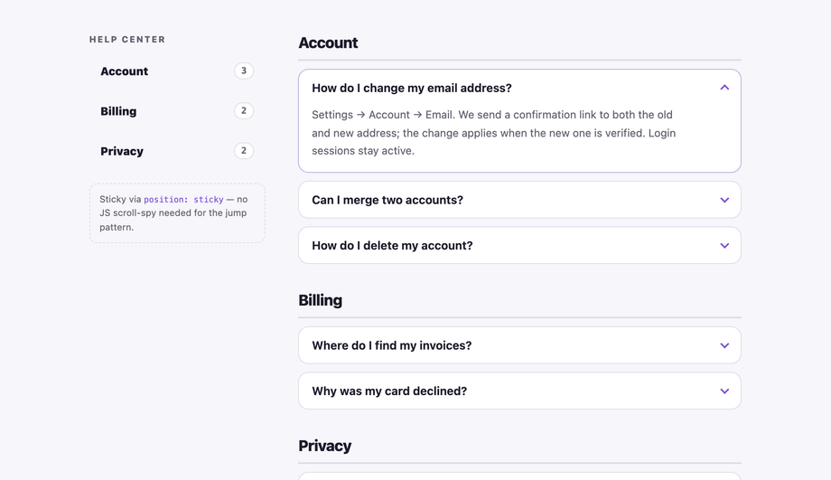 Categorized FAQ with Sticky Sidebar Menu — preview