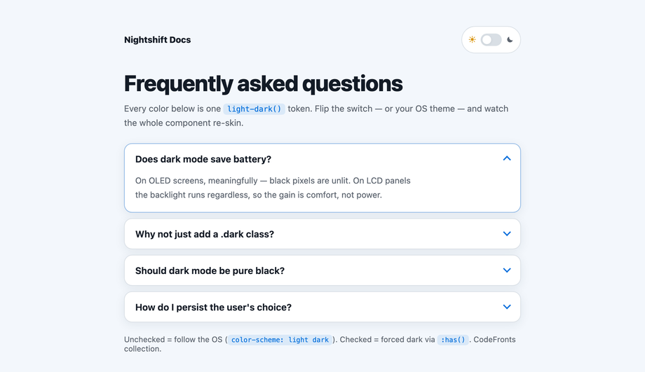 Dark Mode CSS FAQ Accordion Snippet — preview