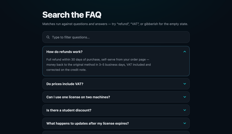 FAQ Accordion with Live Search Bar Filter — preview