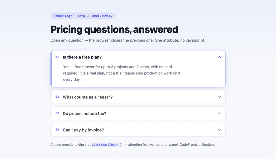 FAQ with Mutually Exclusive Q Panels (only-one-open UX) — preview