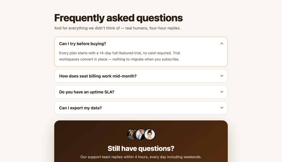 FAQ with "Still Have Questions?" Contact CTA — preview
