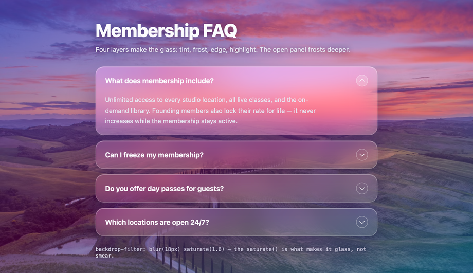 Glassmorphism FAQ Accordion with Drop Shadow — preview